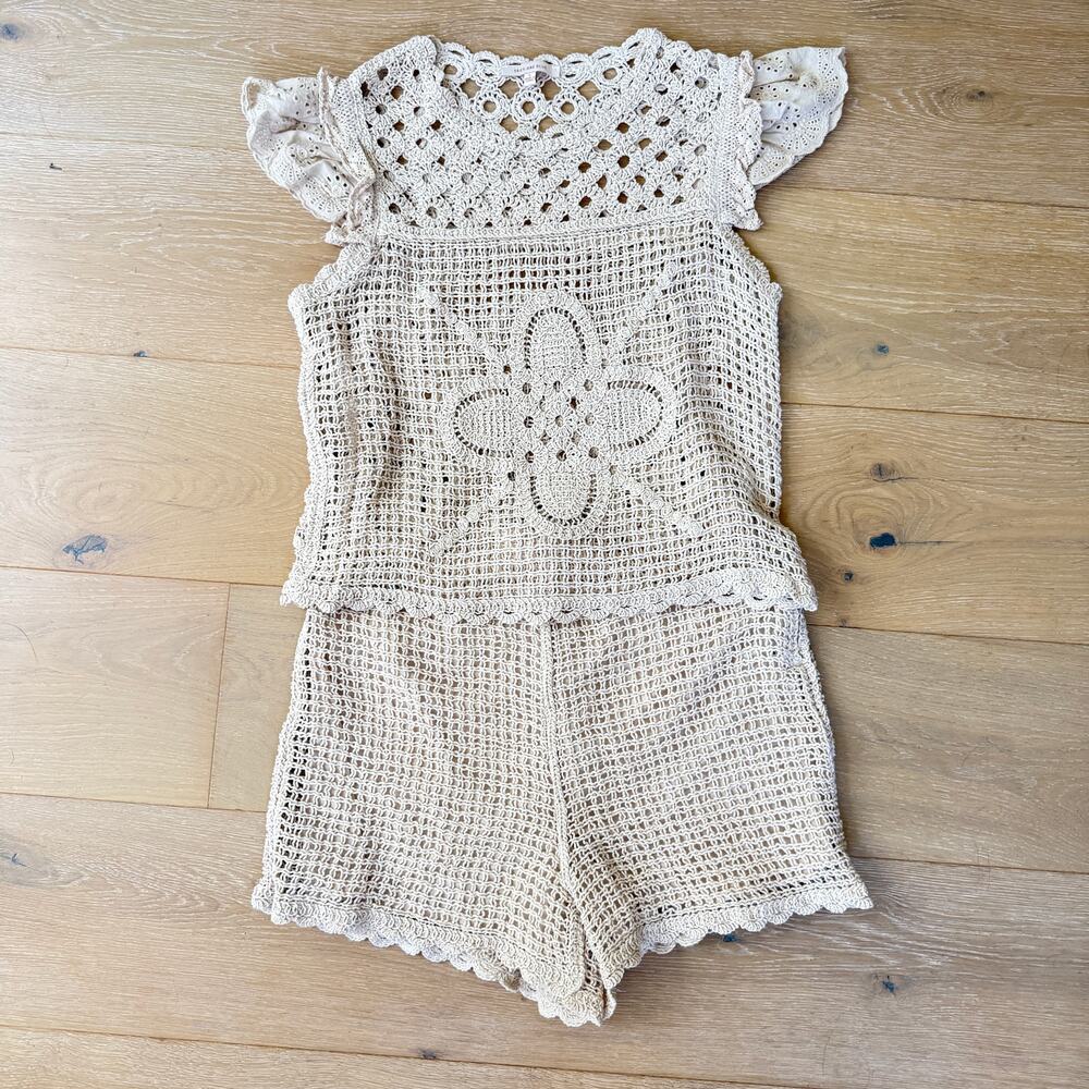 Boho Festival Crochet Two-Piece Set Skies Are Blue Crop Top Shorts Sz S